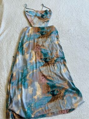 Marbled Satin Slip Dress in Teal, Gold & Pink
